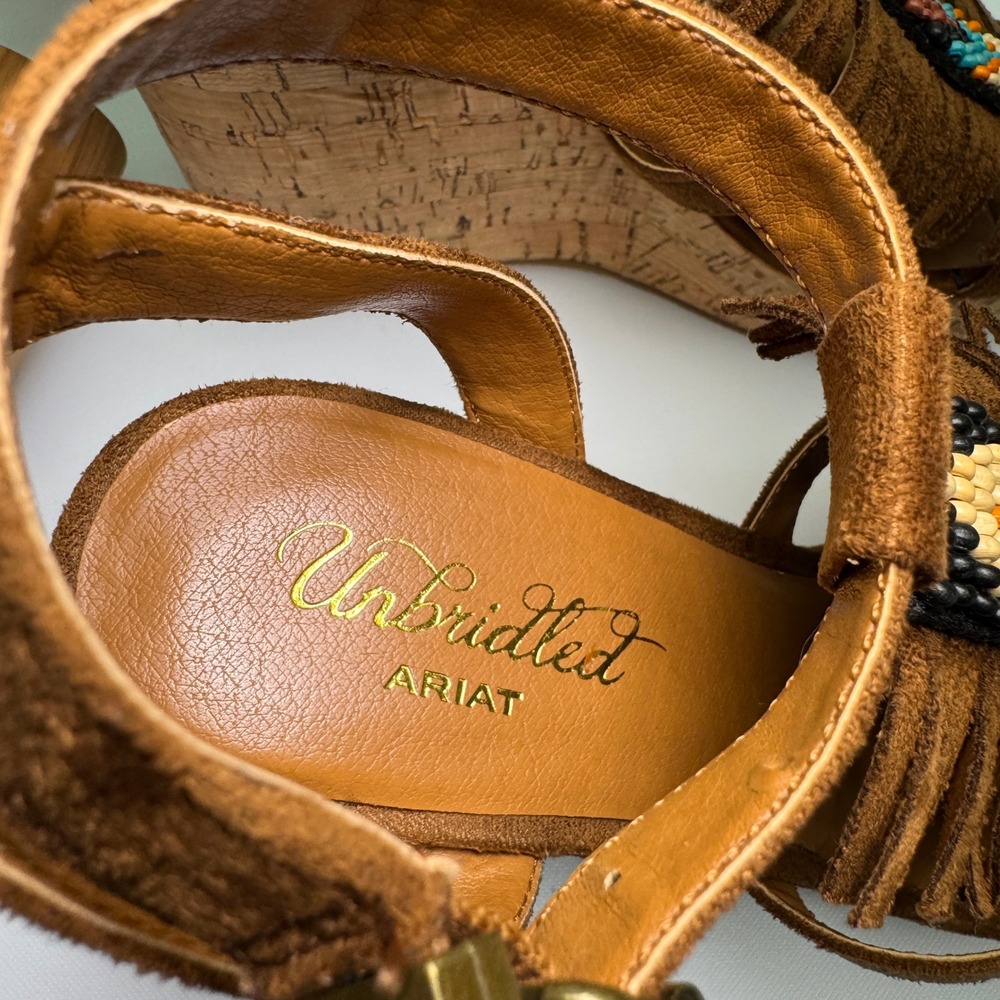Ariat Unbridled Wedge Sandals Women 6.5 Brown Beaded Fringe Cork Platform - Picture 6 of 12